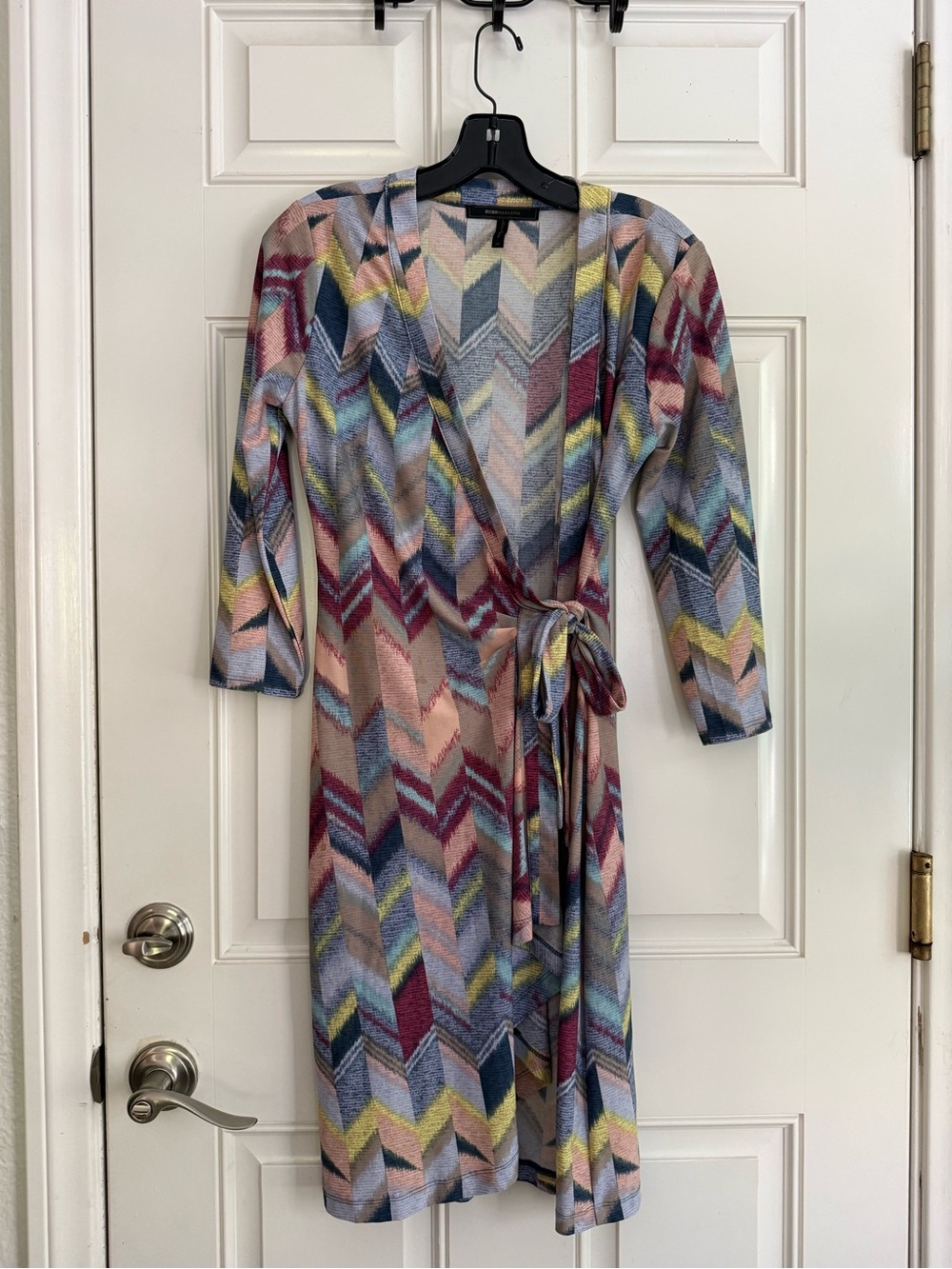 BCBGMaxAzria Chevron Wrap Midi Dress in Blue, Pink & Burgundy